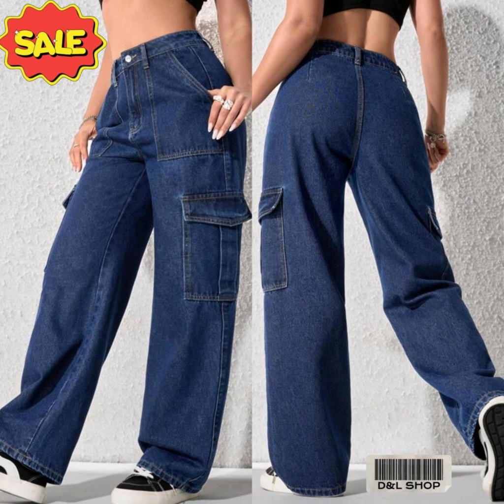 NEW TWICE 4 PACKET CARGO JEANS KOREAN STYLE WIDELEG PANTS | Shopee ...