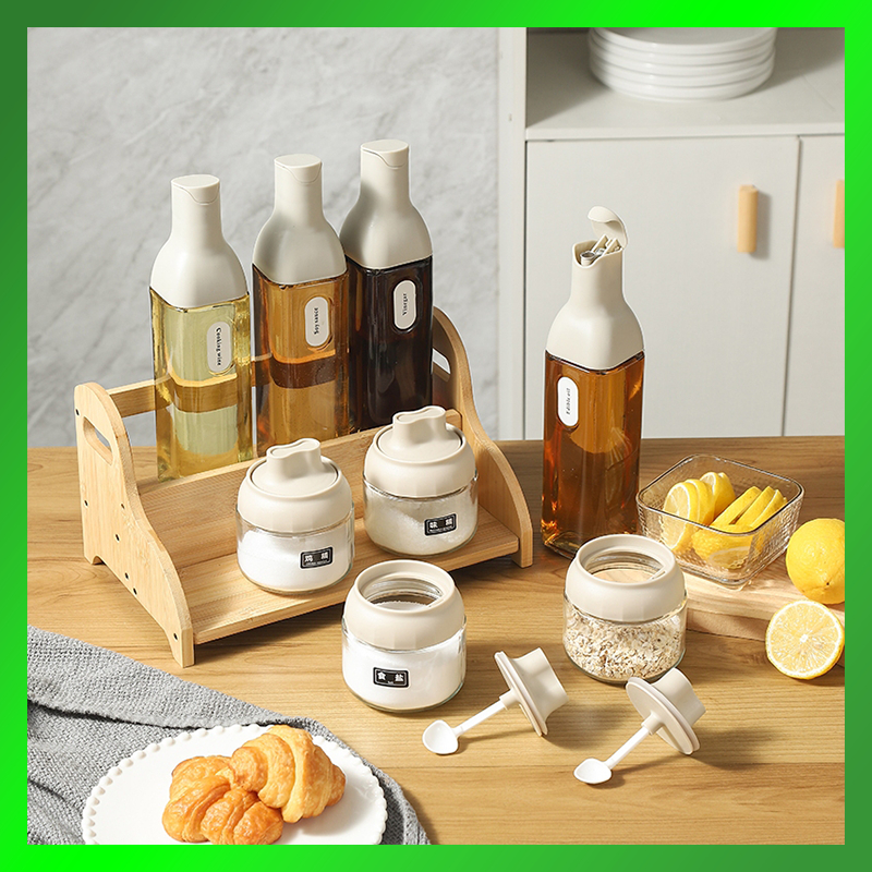 7pcs set+wooden rack salt seasoning jar storage box set household ...