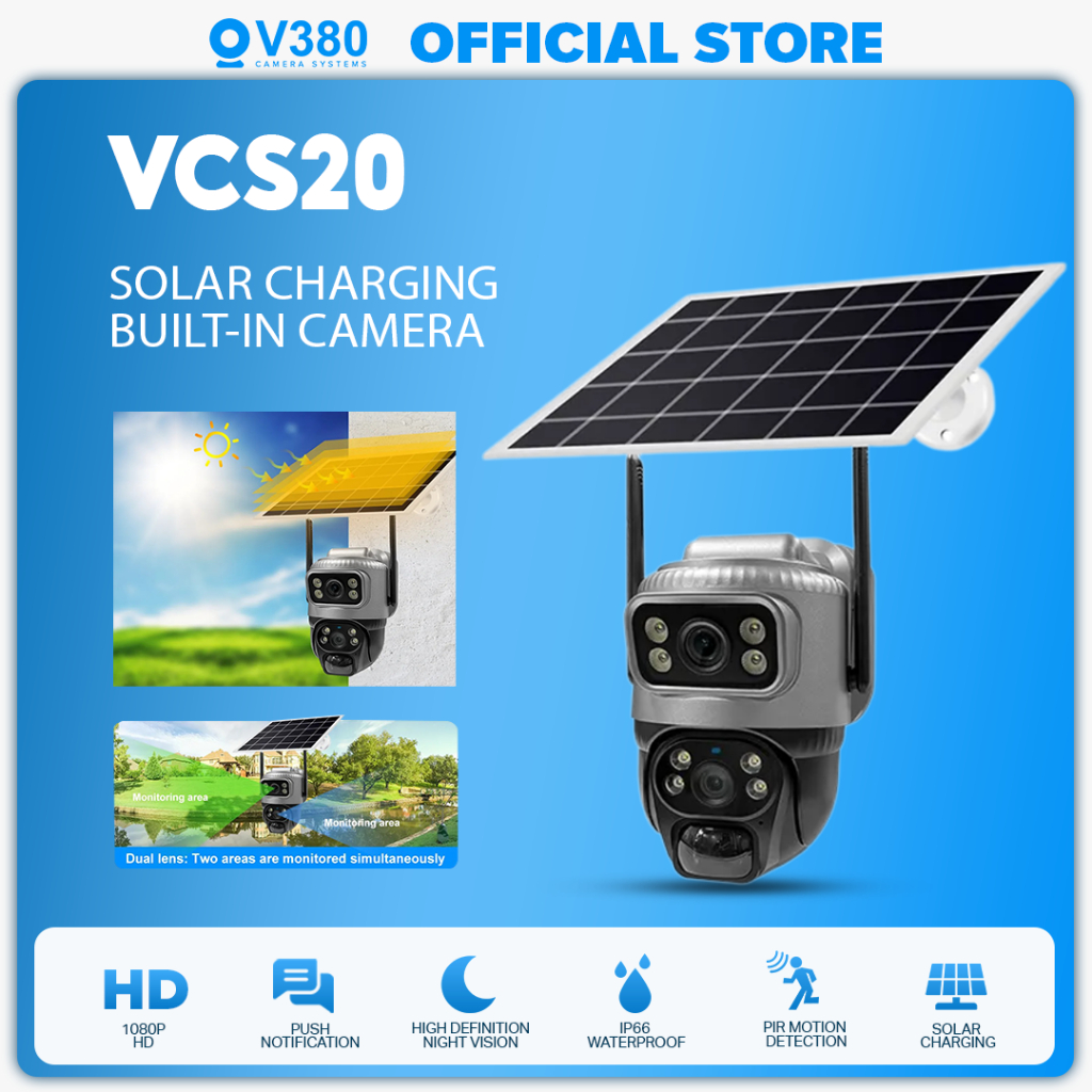 V380 VCS20 Solar-Powered IP66 Waterproof Dual Lens Surveillance