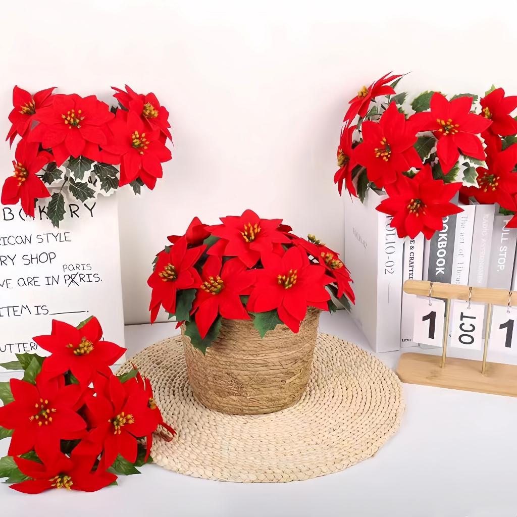 New 5 Heads Christmas Flowers Artificial Xmas Garland POINSETTIA Red ...