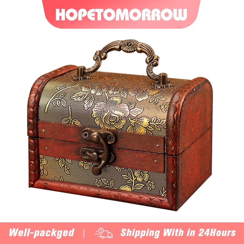 Vintage Wooden Box Stamp Flower Small Metal Lock Jewelry Treasure Chest ...