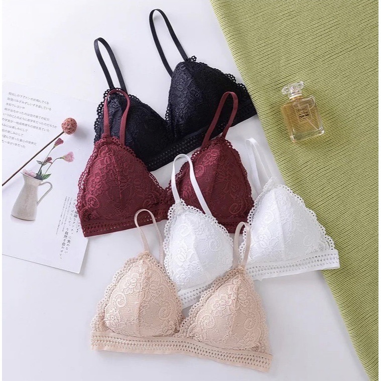 jack Women French Style Triangular Cup Wire Free Lace Bra Deep V ...