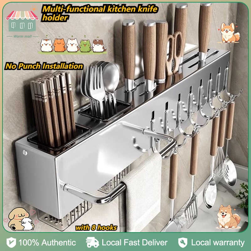 Knife stainless steel wall mounted storage rack kitchen cooking