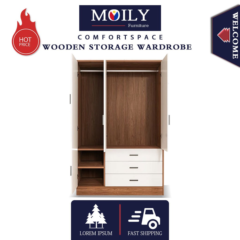 Wooden 3-drawer wardrobe, family bedroom, easy to assemble cabinet ...