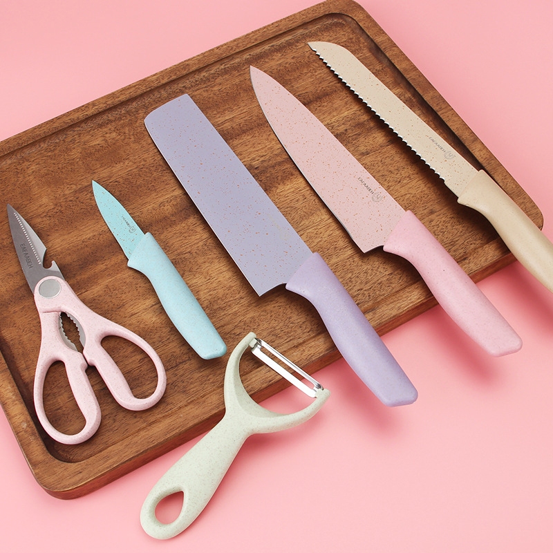 6PCS kitchen knife set 6 color stainless steel meat cleaver scissors ...