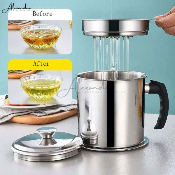 1.4L Stainless Steel Oil Strainer Pot with Lid Filter Cooking Oil ...