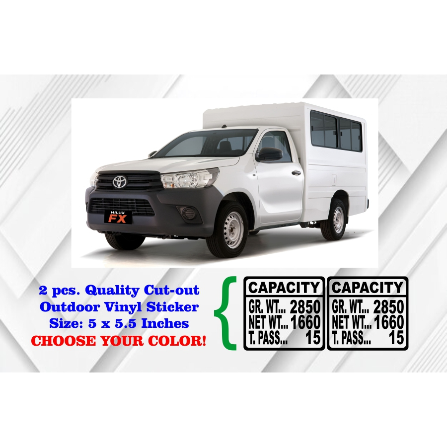 TOYOTA FX FLEET CAPACITY STICKER 2 pcs. 5 x 5.5 Inches Quality Cut-out ...