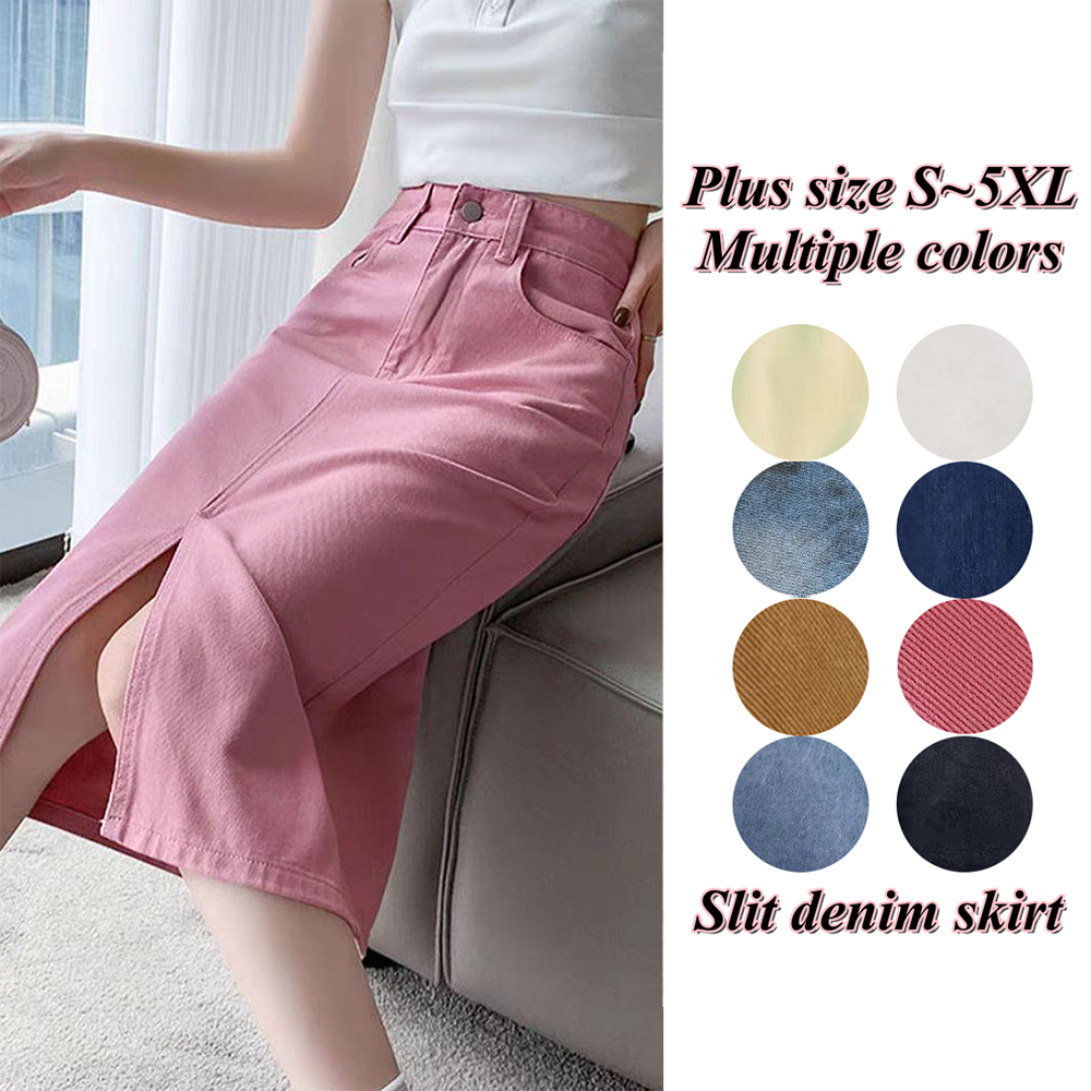 Pink slit denim skirt high waist casual fashion multiple colors optional plus size soft fabric XXL Shopee Philippines