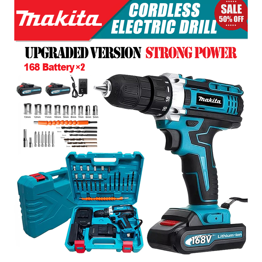 MAKITA 168V Electrical Cordless Impact Drill Two Battery Screw Drill Bits  Set Tool Box High Torque