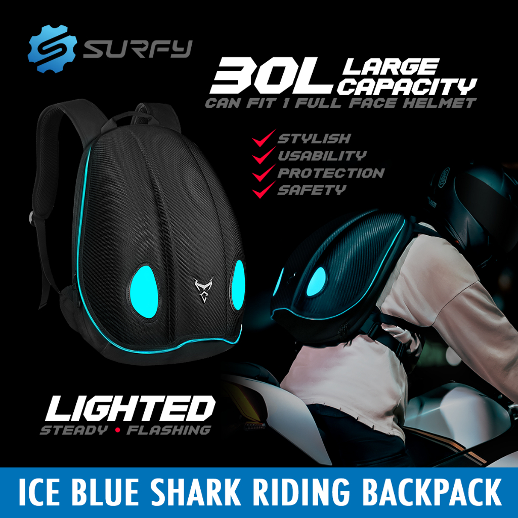 MotoCentric Ice Blue Shark Riding Backpack 30L Fit On Full Face Helmet ...