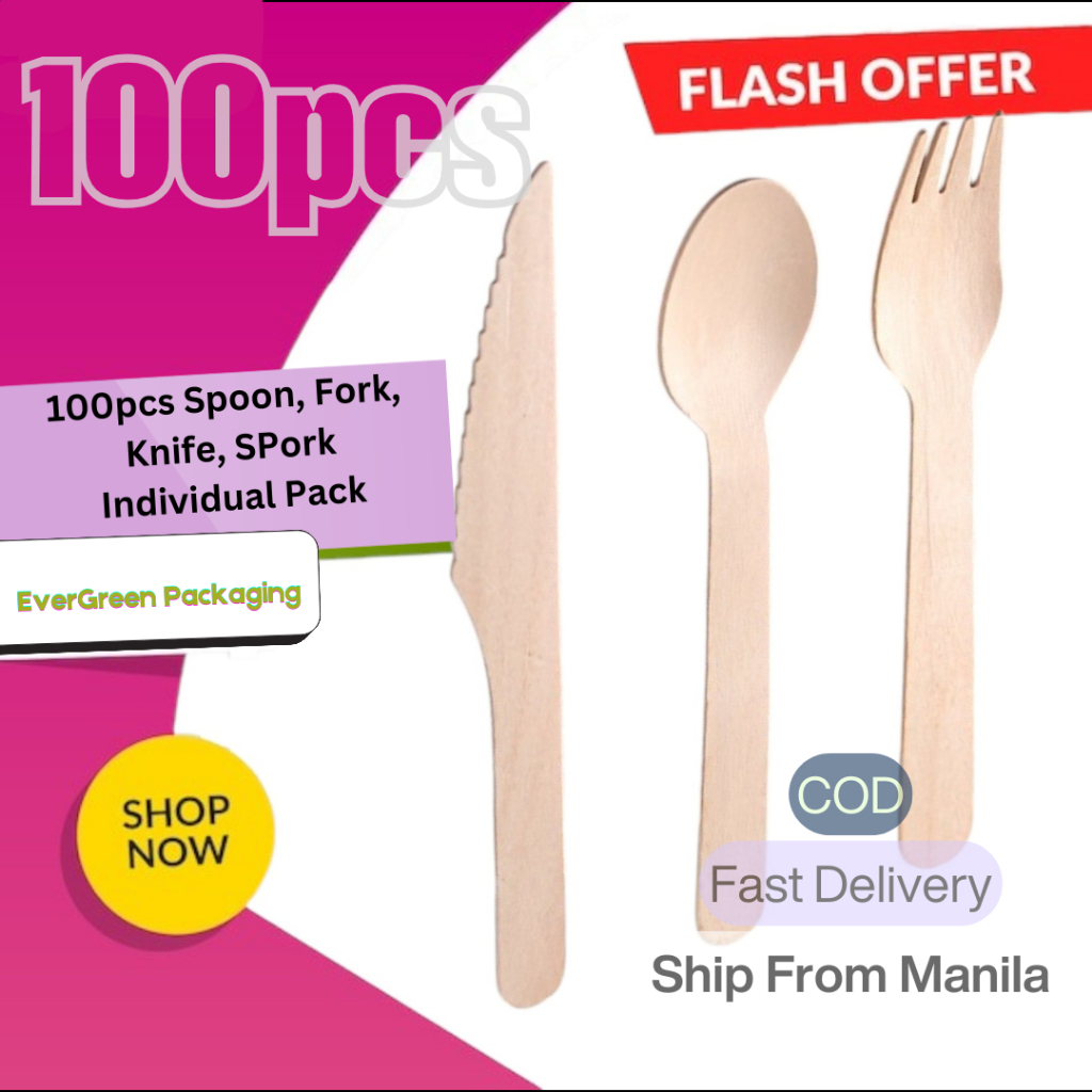 100pcs Per Pack Disposable wooden Spoon, Fork, Spork annd Knife eco