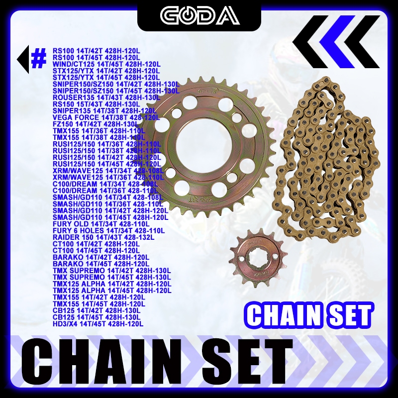 [GODA] MOTORCYCLE CHAIN AND SPROCKET SET FOR RUSI125/TMX155/RS100/SMASH ...