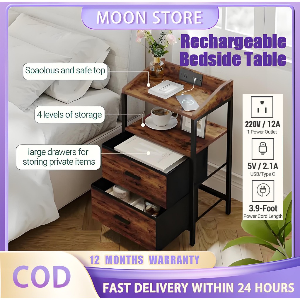 Bedside Table with Charging Station Organizer Cart with 2 Drawer ...