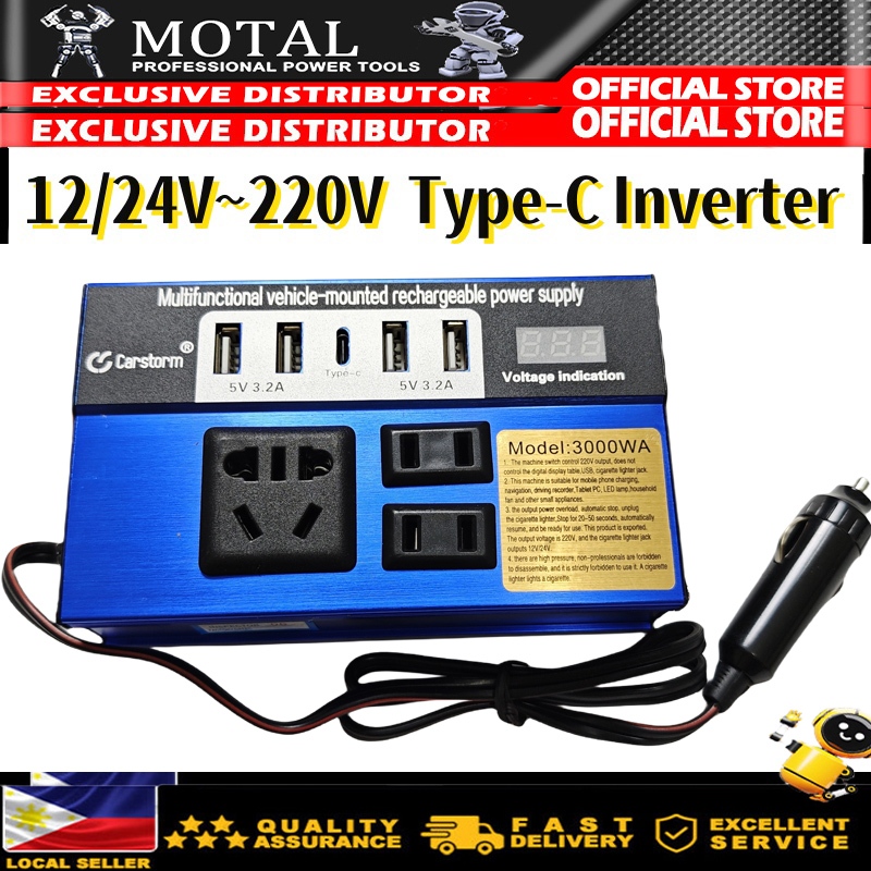 Type-C Car Inverter 12V/24V to 220 3000W Multi-function Truck Socket ...