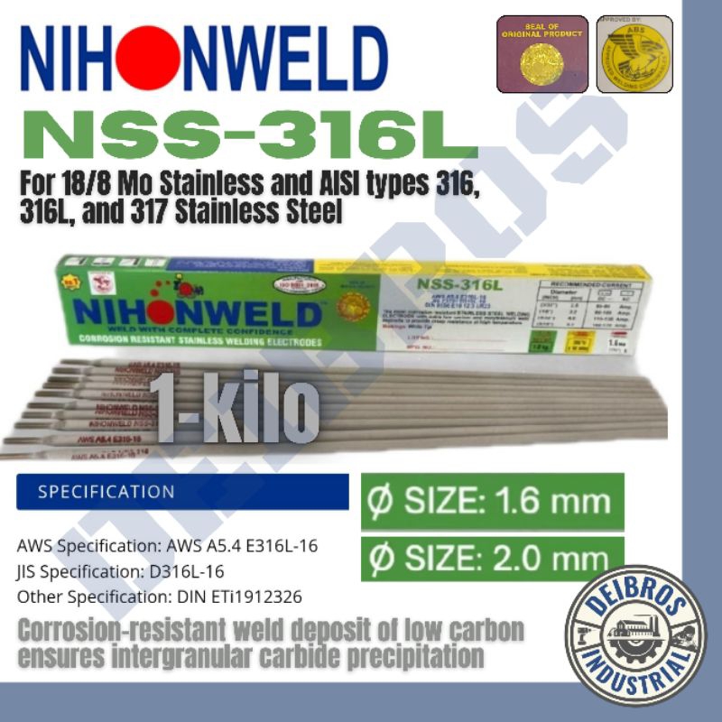 NIHONWELD NSS-316L Welding Rod 1.6mm & 2.0mm, 1kg Pack for 316 ...