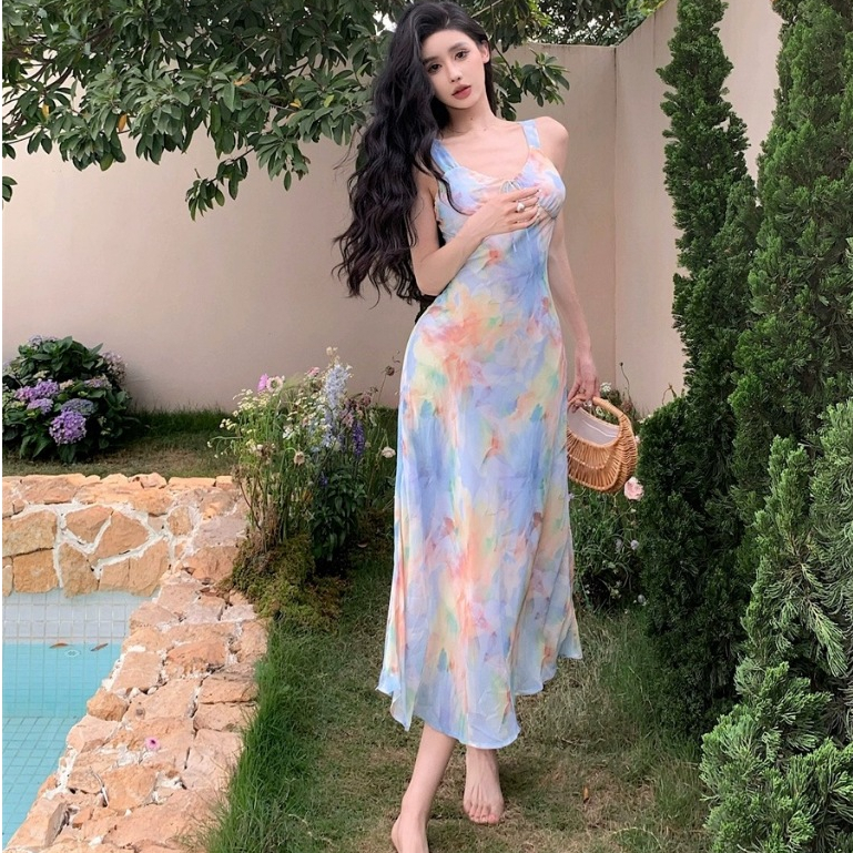 korean summer mint green long dress beach floral dress for women formal  casual sunday challis dress | Shopee Philippines