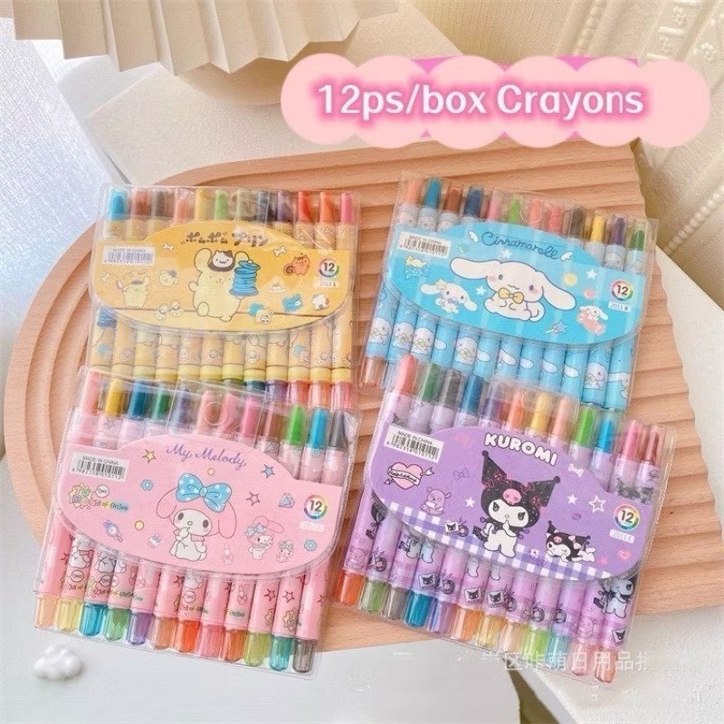 12 Colors Sanrio Rotating Crayon Kuromi Erasable Wax Crayons Washable ...