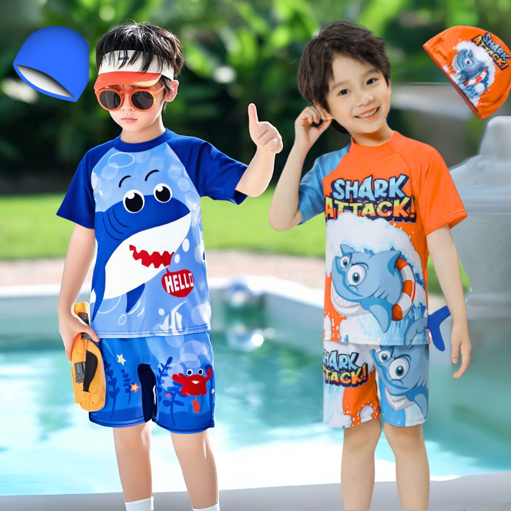 Swimwear for Kids Boys 1-6Y Cute Shark Design Tops Short & Cap Set