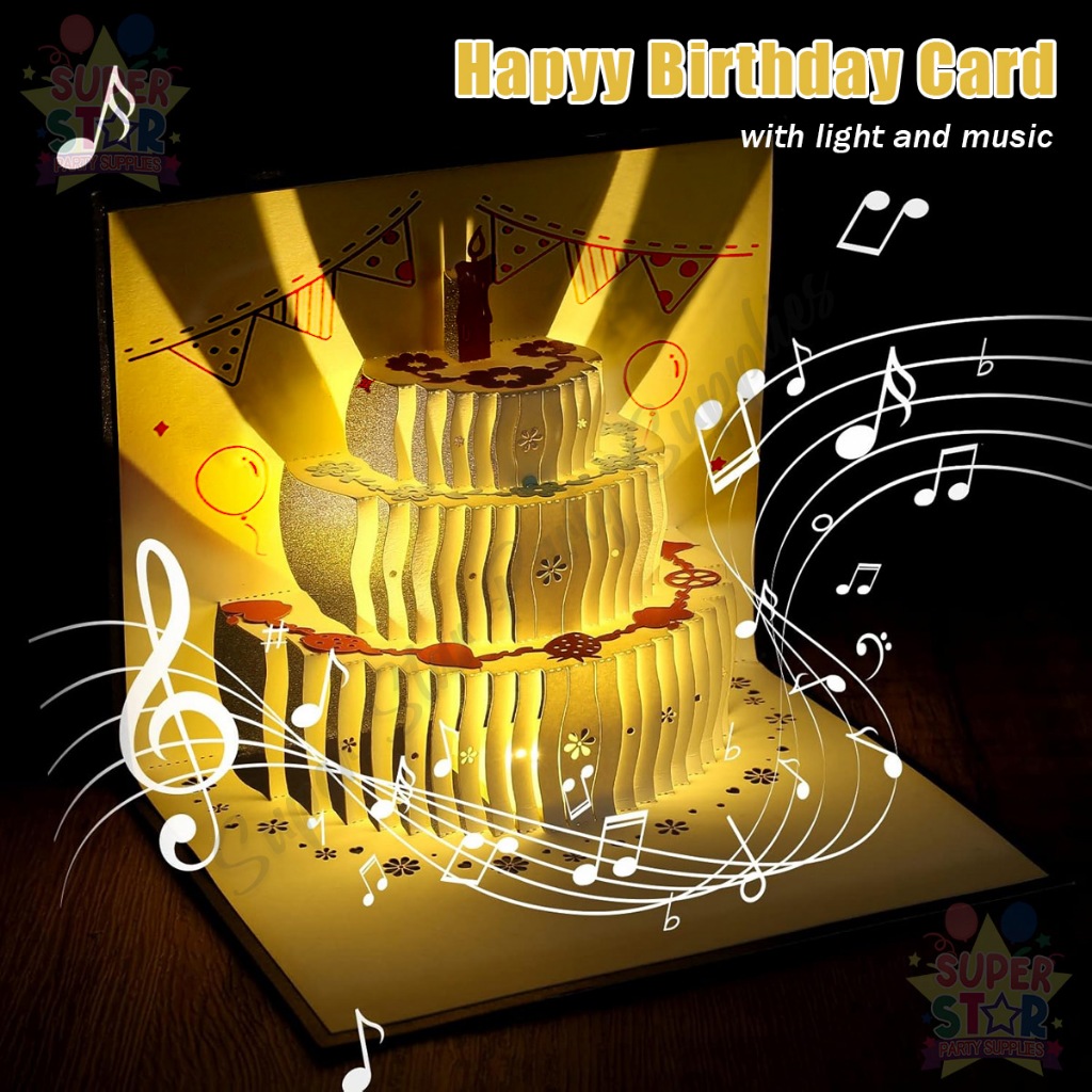 3D Happy Birthday Card with Music and Lights Pop Up Cake Greetings Card ...
