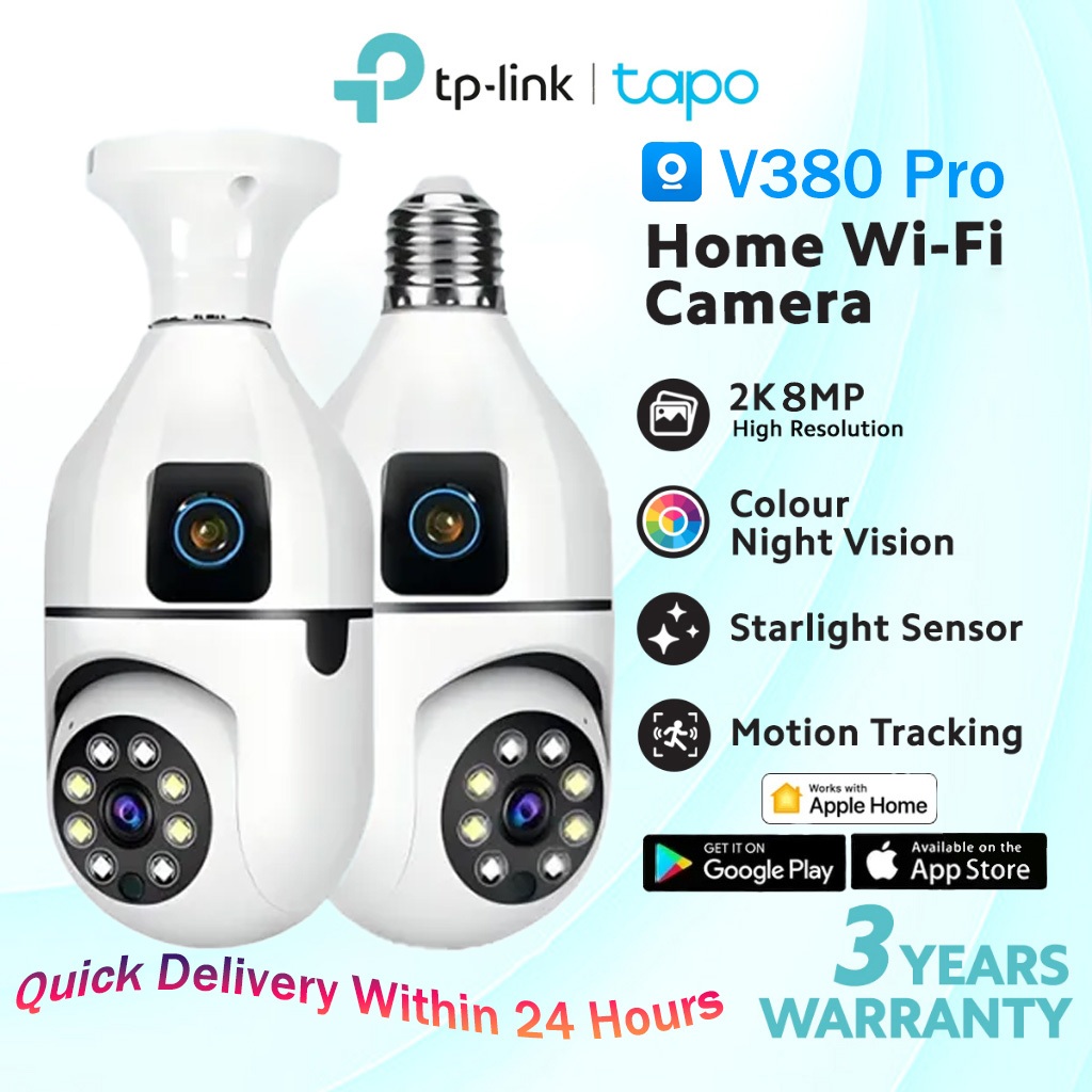 V380 Pro CCTV Bulb Camera Dual Lens Pan/Tilt Home Security Cam with HD ...