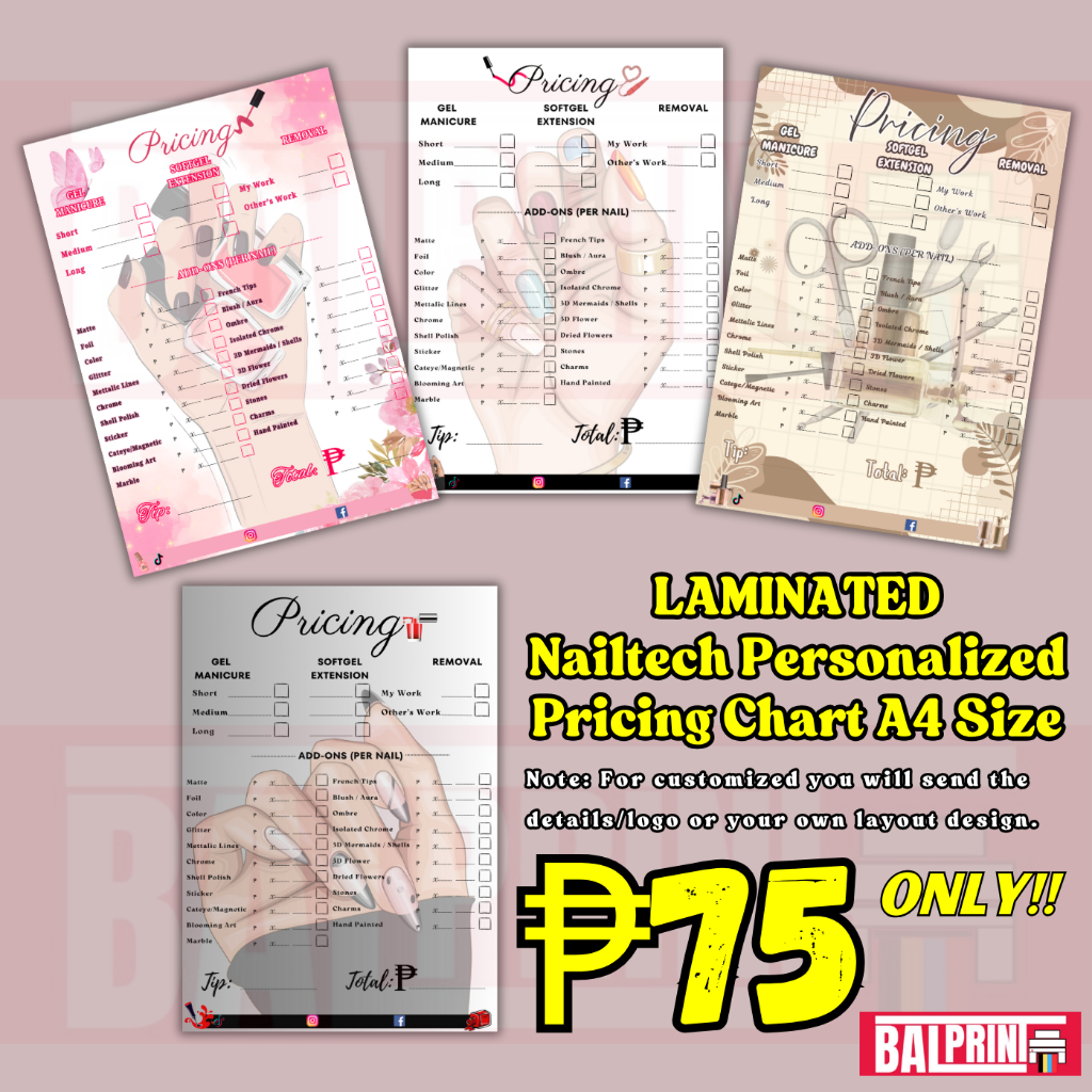 NAIL TECH CUSTOMIZED/PERSONALIZED LAMINATED PRICING CHART A4 SIZE