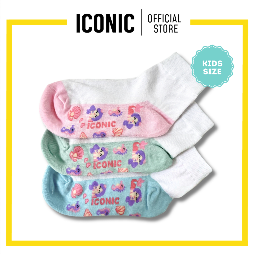 Iconic Socks Kids Basic 3 in 1 White School Socks Mermaid Design ...
