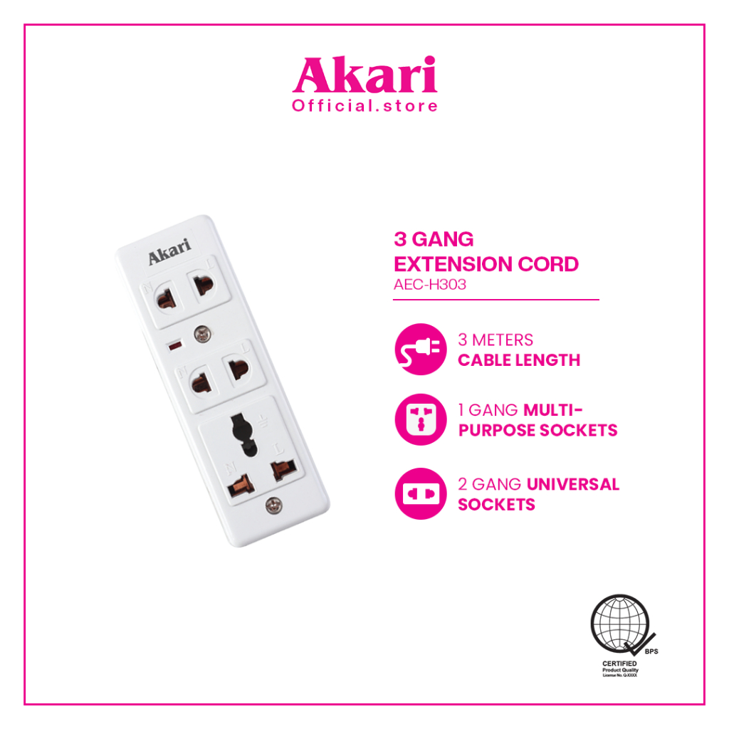 Akari (Aec-H303) 3 Gang Extension Cord Meters Cables With Metal Bracket ...