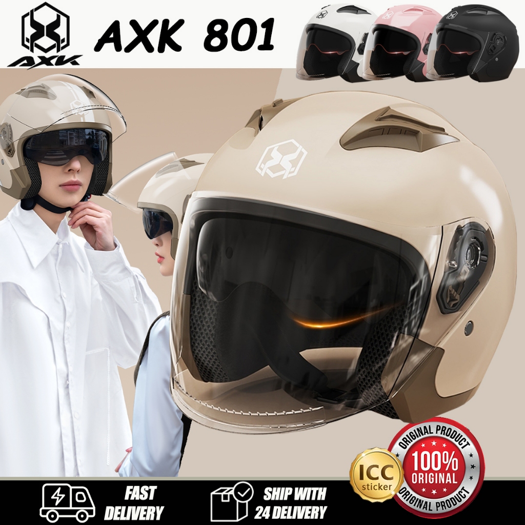 AXK 801 Half Face Motorcycle Helmet HD Sunvisor Dual Mirror Unisex 54-62cm  with ICC Sticker