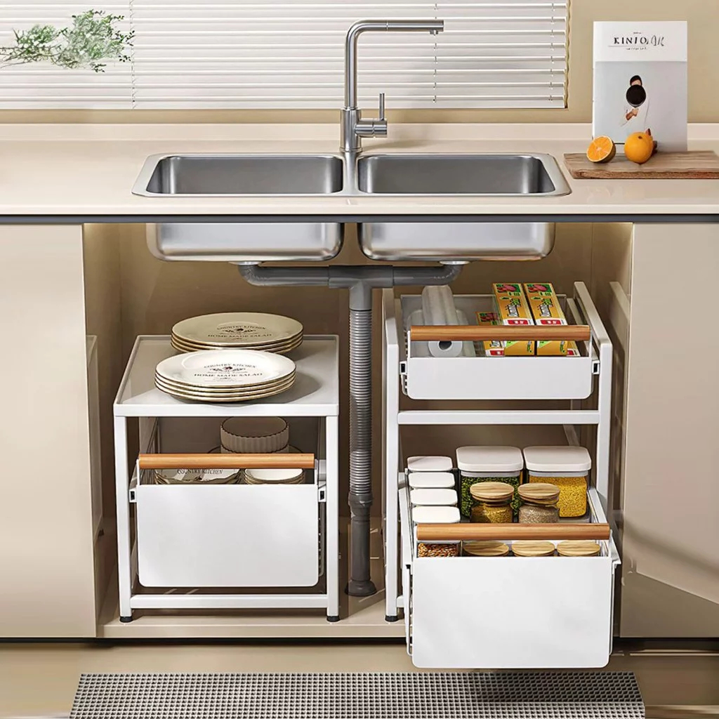 Kitchen Storage Pullout Basket Rack With Wooden Handle White Under Sink ...