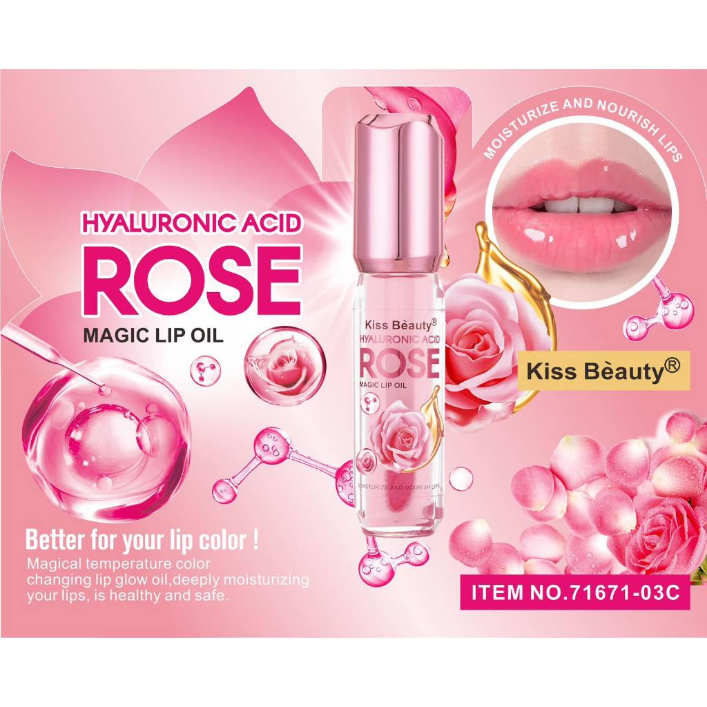 Kiss Beauty HYALURONIC ACID ROSE 5ml Magic Lip Oil Moisturizing Shine ...
