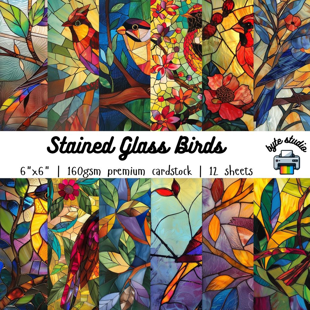 12 Sheets Stained Glass Birds by byte studio | Cardstock Premium Paper ...