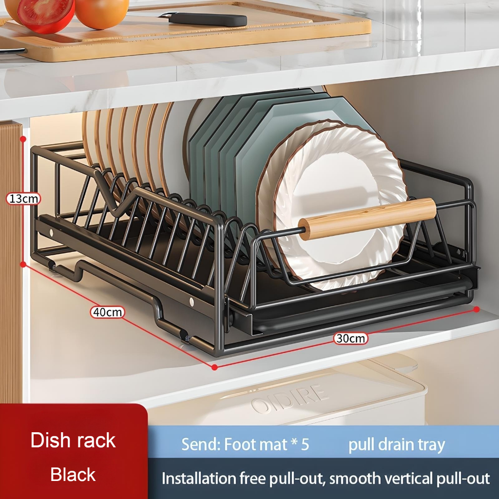 Black Pull Out Dish Drainer With Wooden Handle Kitchen Organizer Dish ...
