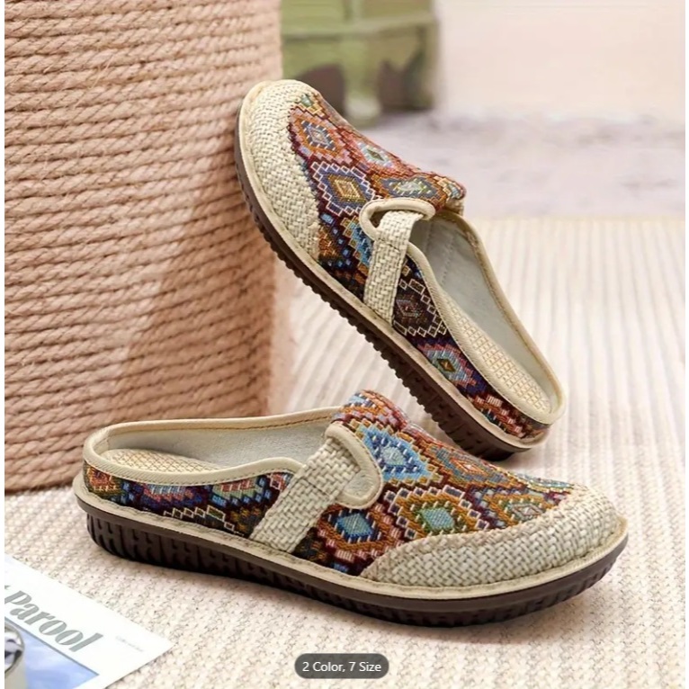Women's Linen Sole Slides, Lightweight Soft Slip On Tribal Print
