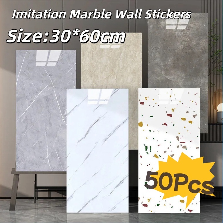 50 Pcs Marble Wallpaper Adhesive 3D Vinyl Tiles Waterproof Decor Wall