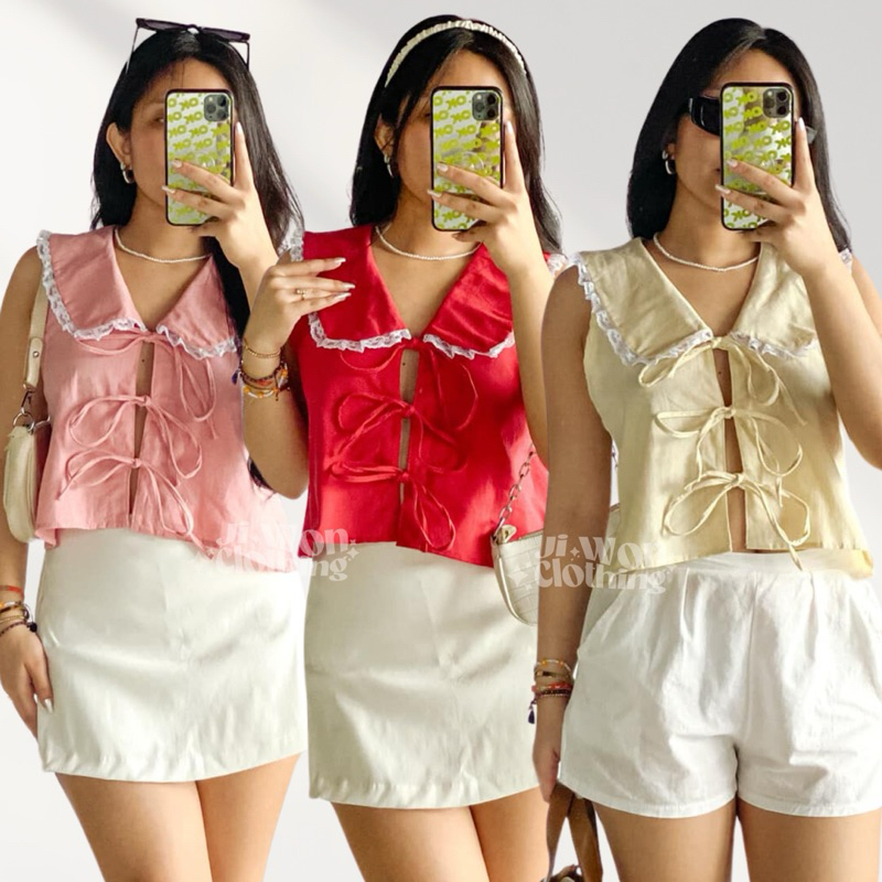 Ida Top (S-Semi L) Front Ribbon Details and Medium Sized-Collar Casual ...