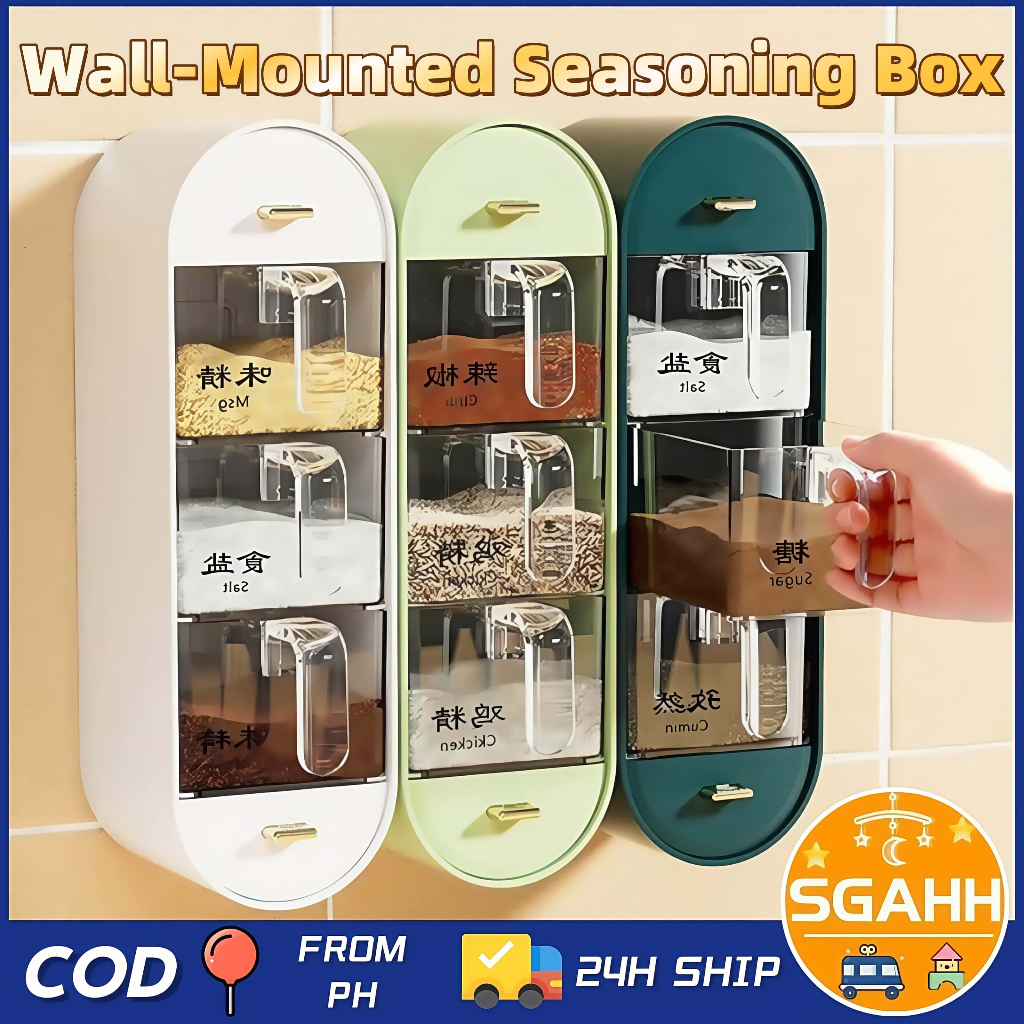 3-Grid Wall Mount Spice Rack Seasoning Storage Box Condiment Jars ...