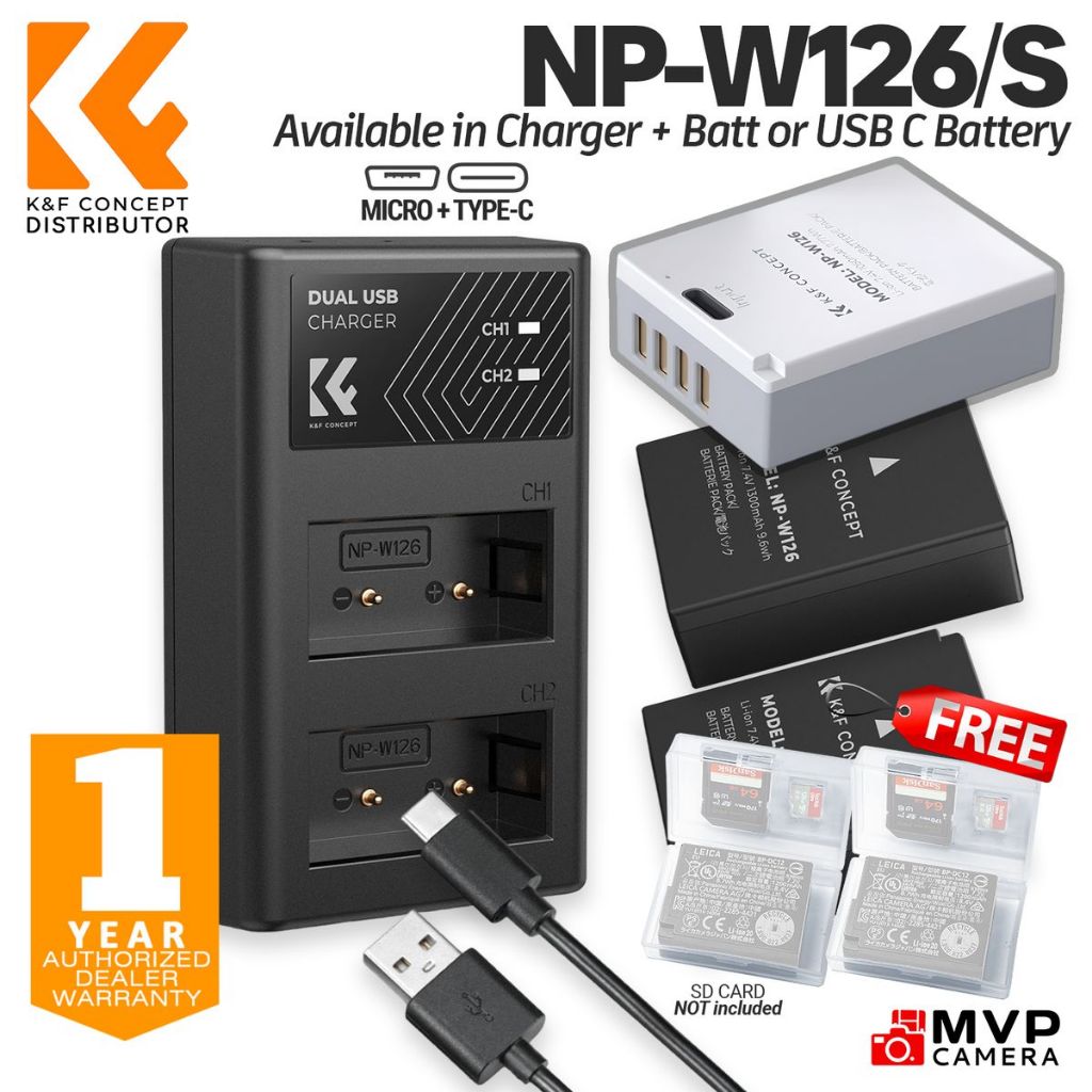 K&F CONCEPT NP-W126 NP-W126S accu direct met USB-C-stekker compatibel met Fujifilm XM5, X100VI, X100V, XS10, XT30, XT30 II, XT20, XE4, XE5, A5, X Half (X-HF1