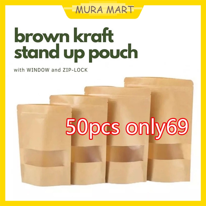 50 pcs Kraft Brown Stand Up Pouch with Zip Lock Ziplock Bag Packaging ...