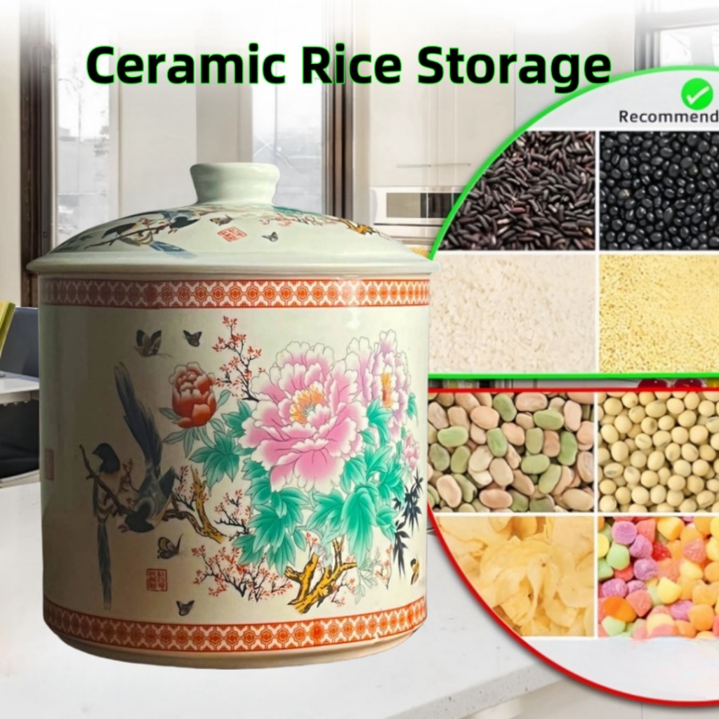 Ceramic Rice Box Storage Rice Dispenser With Cup Food Storage Vontainer ...