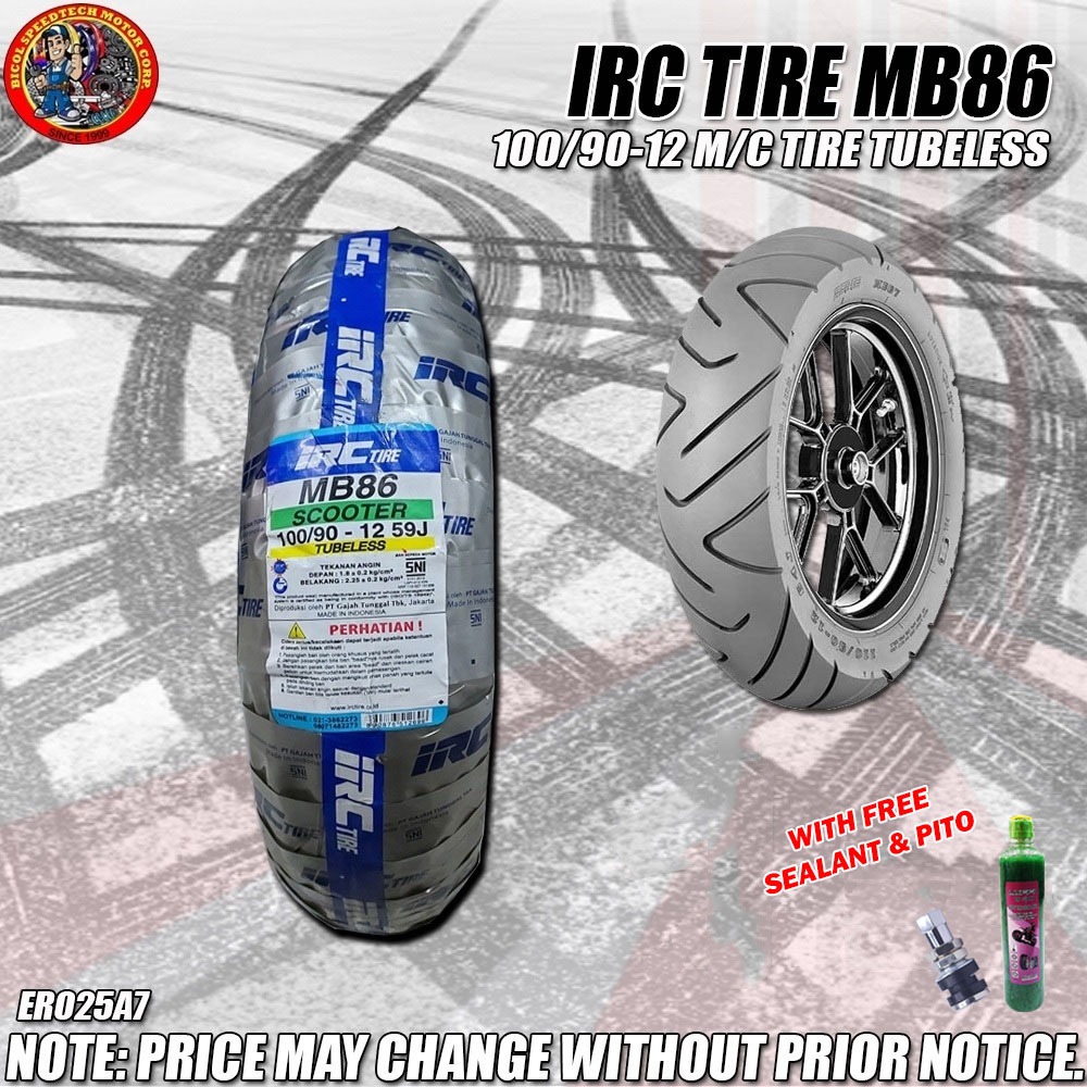 IRC TIRE MB86 100/90-12 M/C TIRE TUBELESS ER025A7) | Shopee Philippines