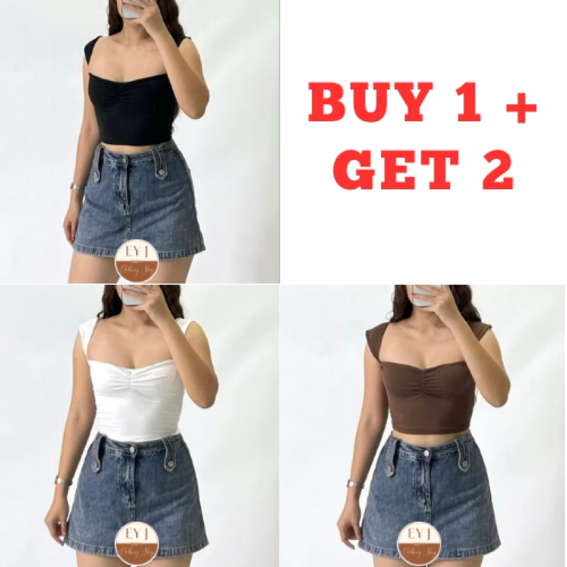 BUY 1 + GET 2 FREE (3PCS) Lerrie Ruched Double Lining Front Crop Top ...