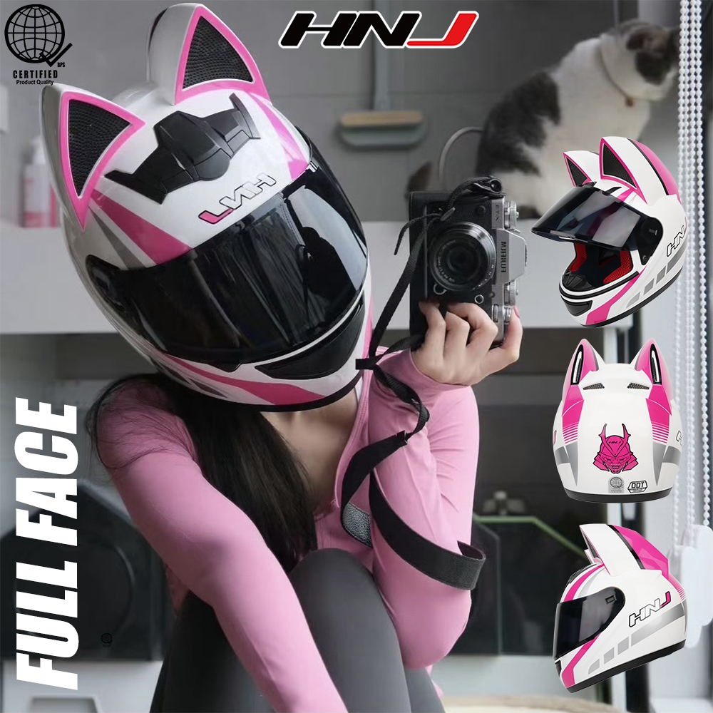 𝐖𝐈𝐓𝐇 𝐈𝐂𝐂 HNJ 902 Helmet Full Face Helmet Woman Cat Ears Decorations  Helmet for Motorcycle