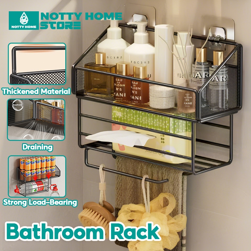 NOTTY Bathroom Organizer Rack With Hook Rod Wall-Mounted Storage Basket ...