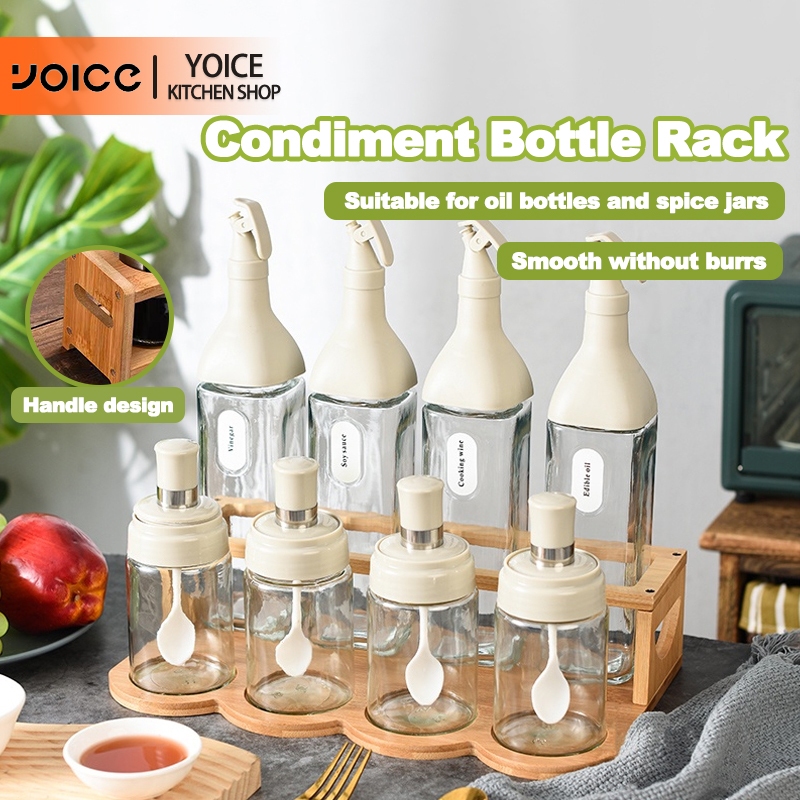 YOICE Kitchen Wood Condiments Bottle Set Rack Oil Bottle Spice Jars ...