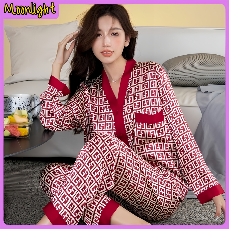 Korean women's ice silk pajamas long-sleeved plaid casual home wear set ...