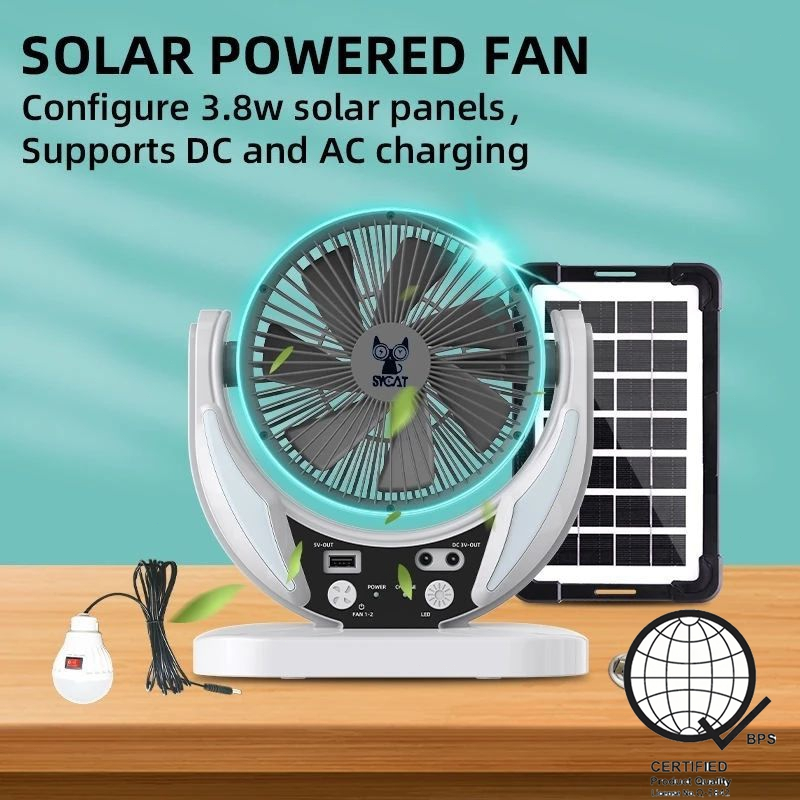 Solar Fan With Light Built-in Bulb Large Portable Outdoor Camping 6 ...