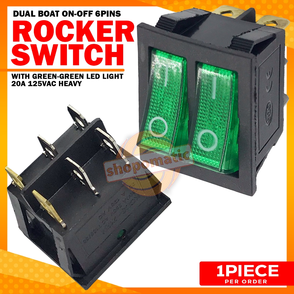 DOUBLE BOAT ROCKER SWITCH 6 PINS ON-OFF WITH GREEN-GREEN LIGHT | Shopee ...