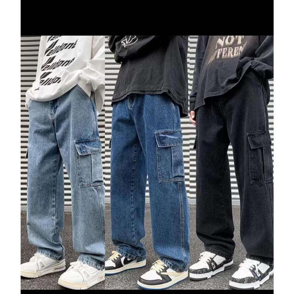 Mens Hip Hop Denim Cargo Pants Baggy Jeans Wide Leg Loose Trousers ...