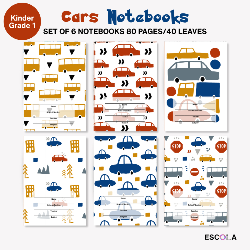 Set of 6 Kinder / Grade 1 Notebooks, Cars Design, Standard A5, 40 ...