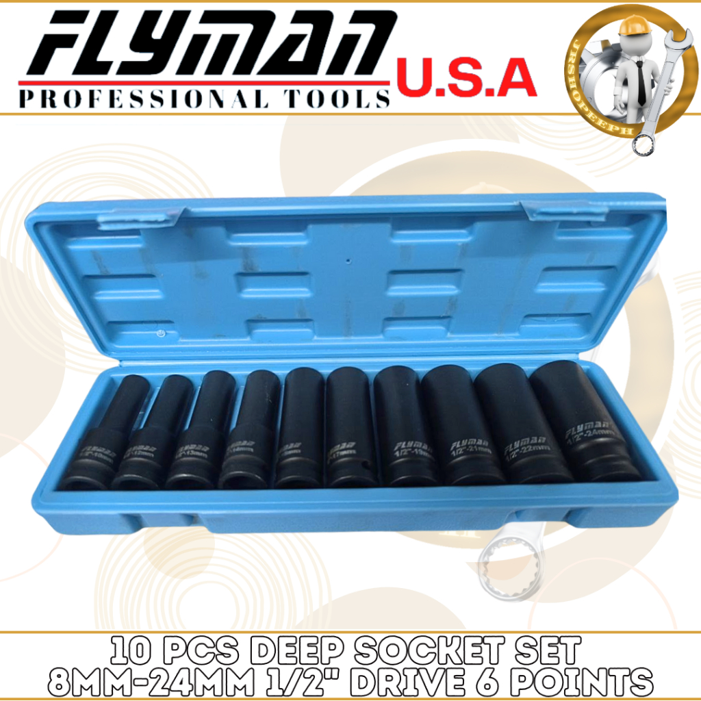 Jrshopeeph Flyman 10pcs Deep Socket Set 10mm-24mm 1/2